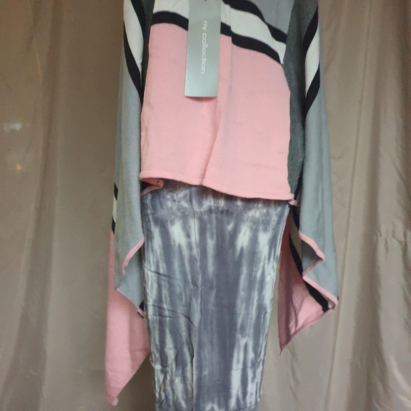 NY Collection Pink & Grey Strip Short Sleeve Asymmetrical Sweater Poncho Sz Md - Picture 9 of 15